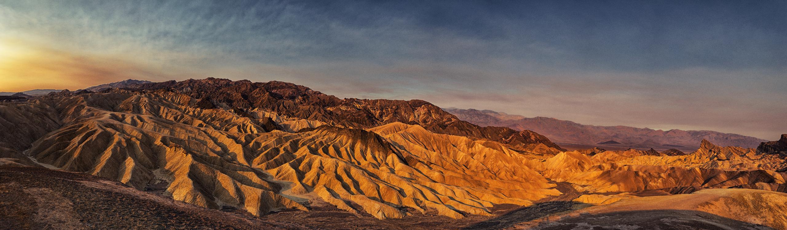 A panoramic view of Zabriskie Point in Death Valley National Park